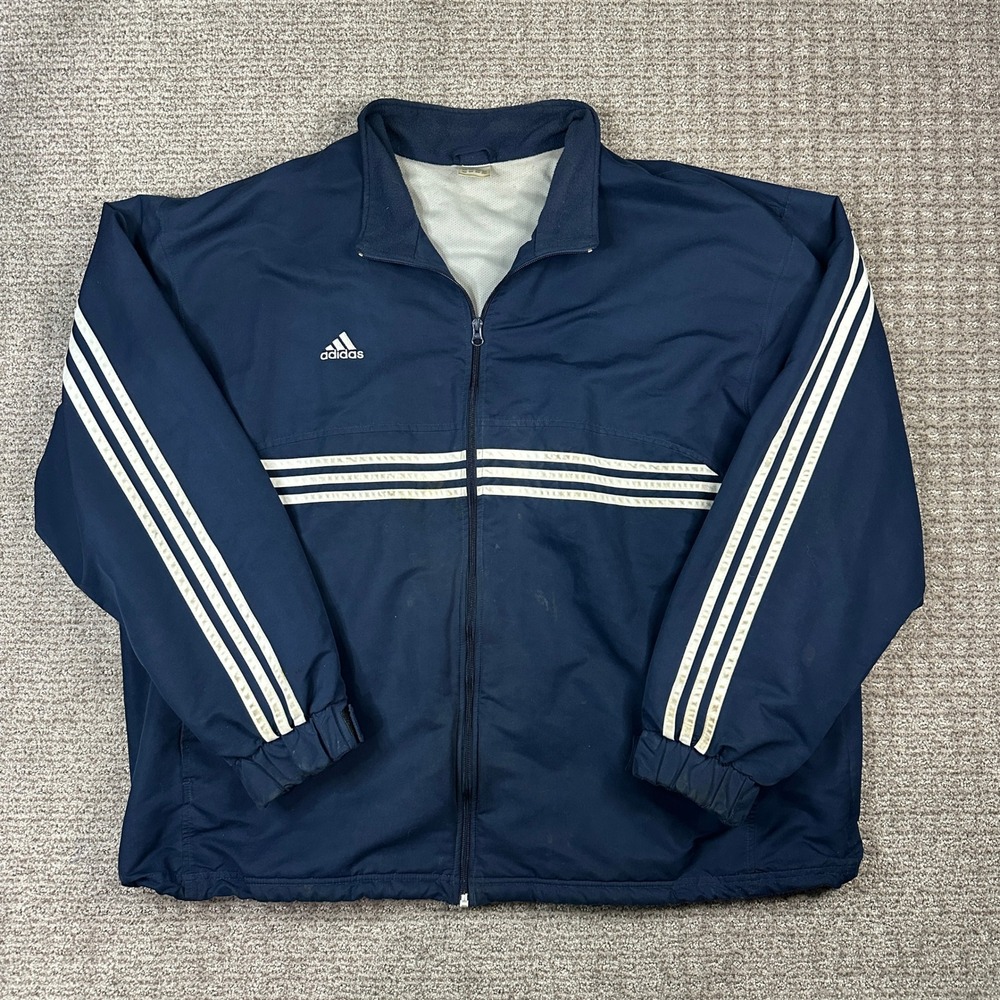 Vintage Adidas Mens Navy Blue Three Stripe Full Zip Mesh Windbreaker Jacket XXL